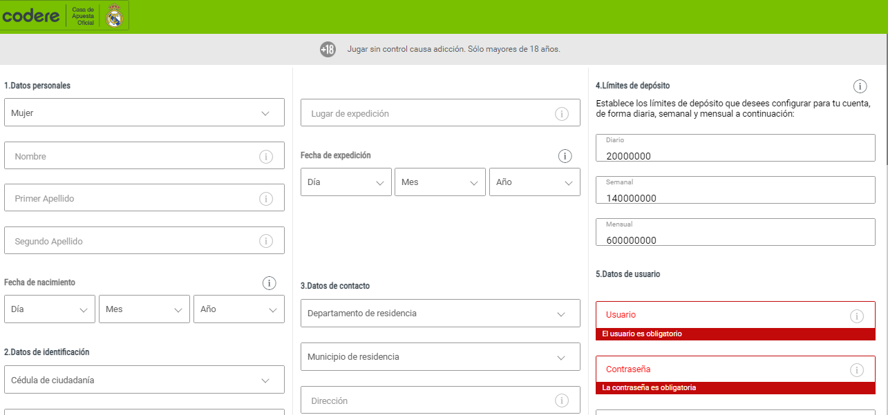 Registro en Codere Casino 